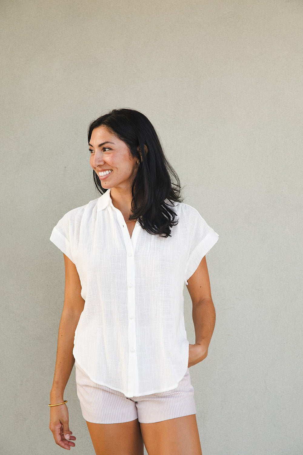 Short Sleeve Button Down Top - Off White - Jaffi's