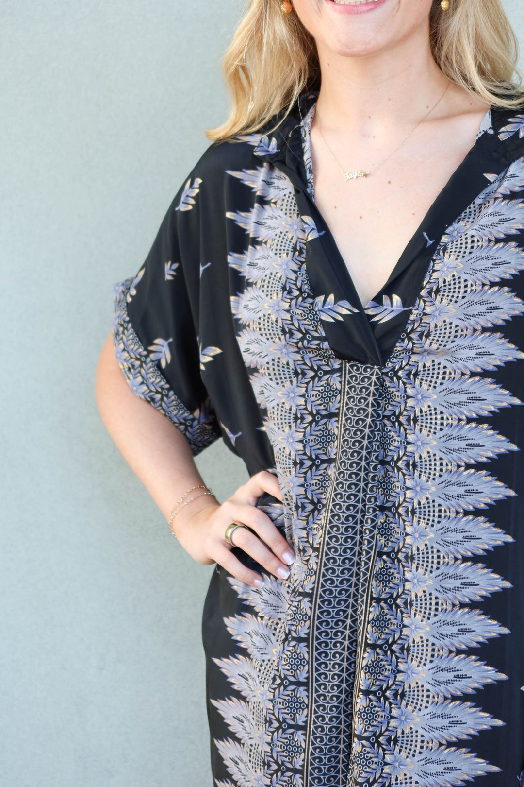 Short Sleeve Midi Shirt Dress - Gold Fleck Feather - Jaffi's