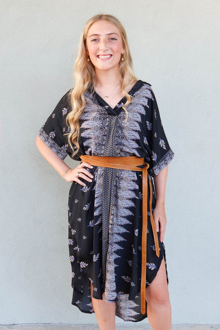 Short Sleeve Midi Shirt Dress - Gold Fleck Feather - Jaffi's