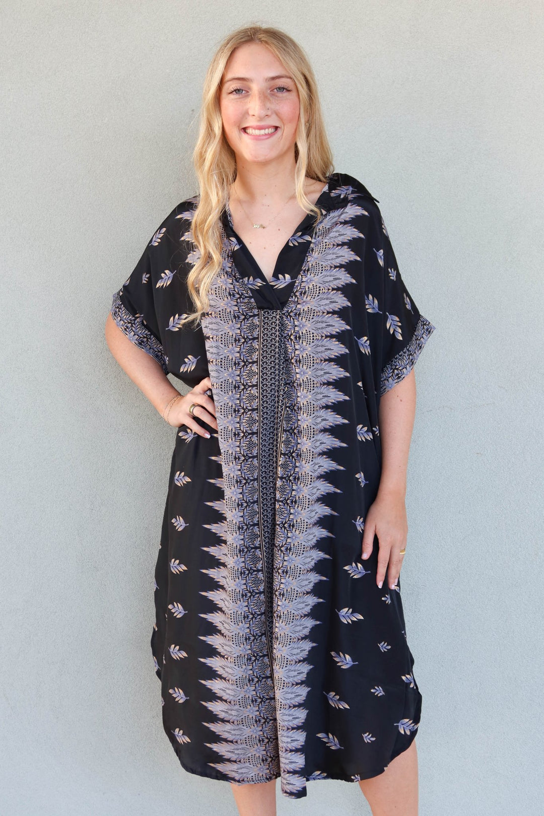 Short Sleeve Midi Shirt Dress - Gold Fleck Feather - Jaffi's