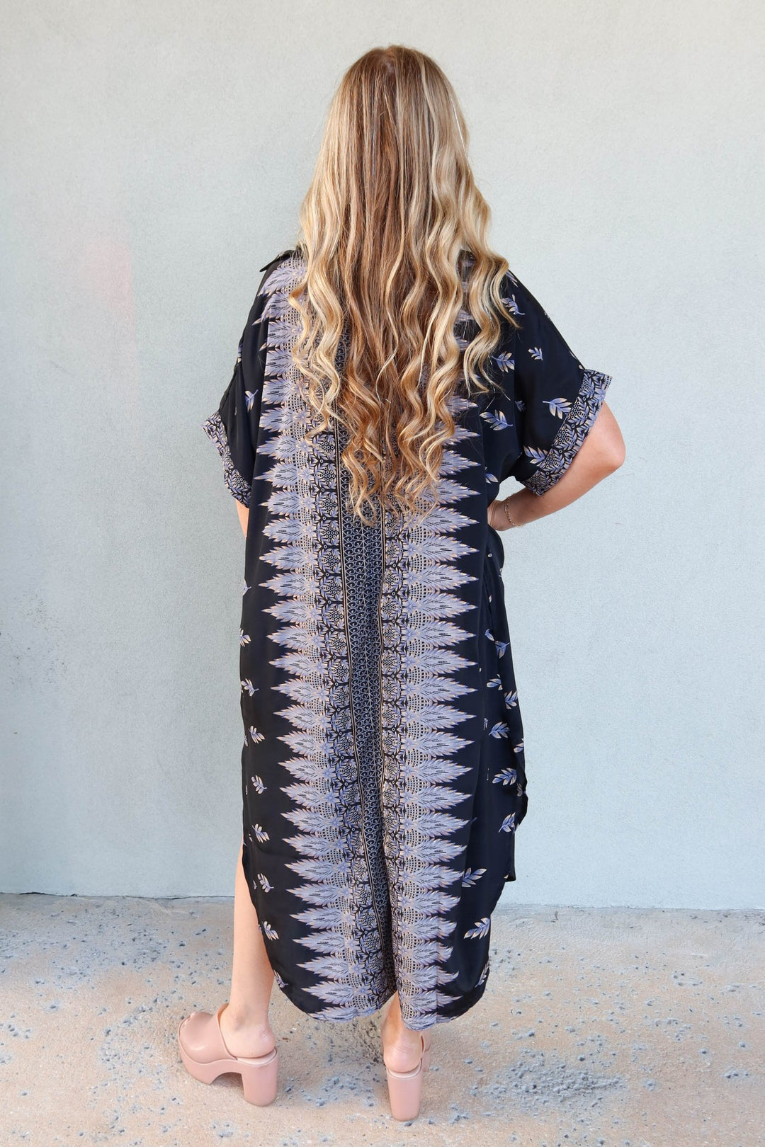 Short Sleeve Midi Shirt Dress - Gold Fleck Feather - Jaffi's
