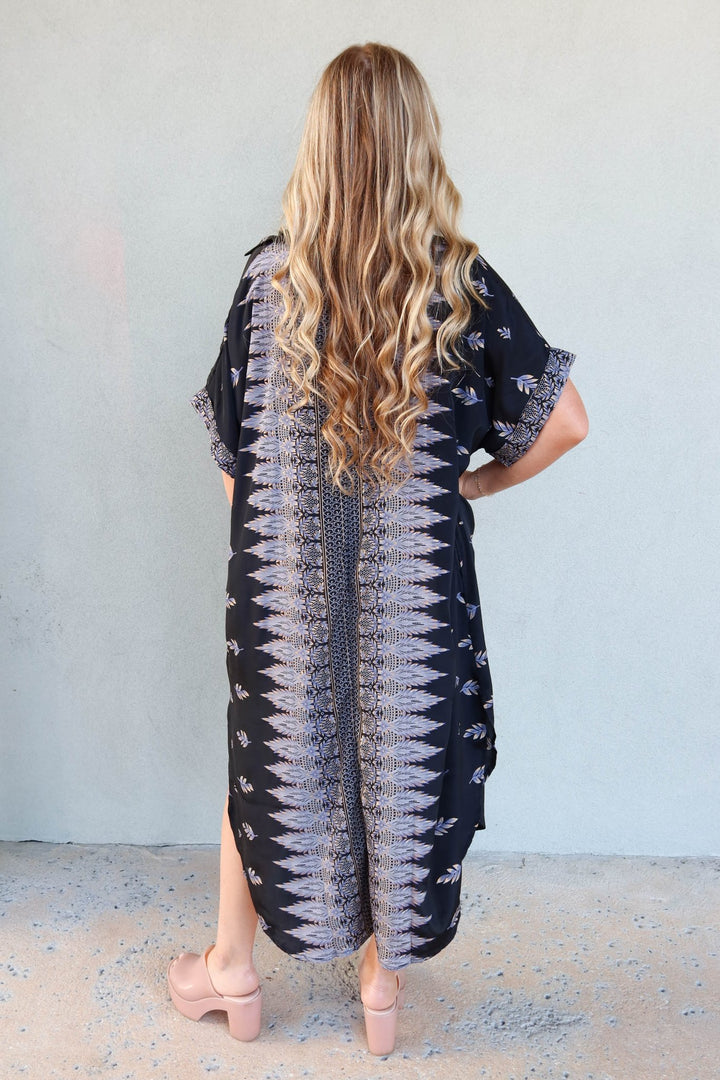 Short Sleeve Midi Shirt Dress - Gold Fleck Feather - Jaffi's