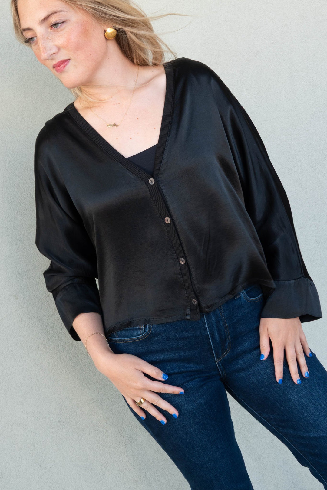 Silky Button Down Cardi Top - Black - Jaffi&