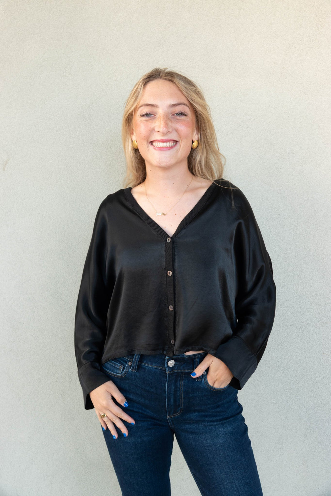 Silky Button Down Cardi Top - Black - Jaffi's