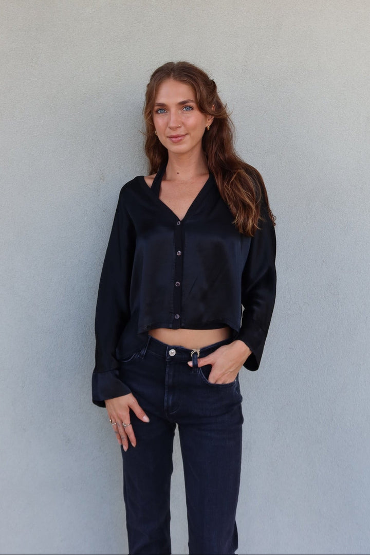 Silky Button Down Cardi Top - Black - Jaffi&
