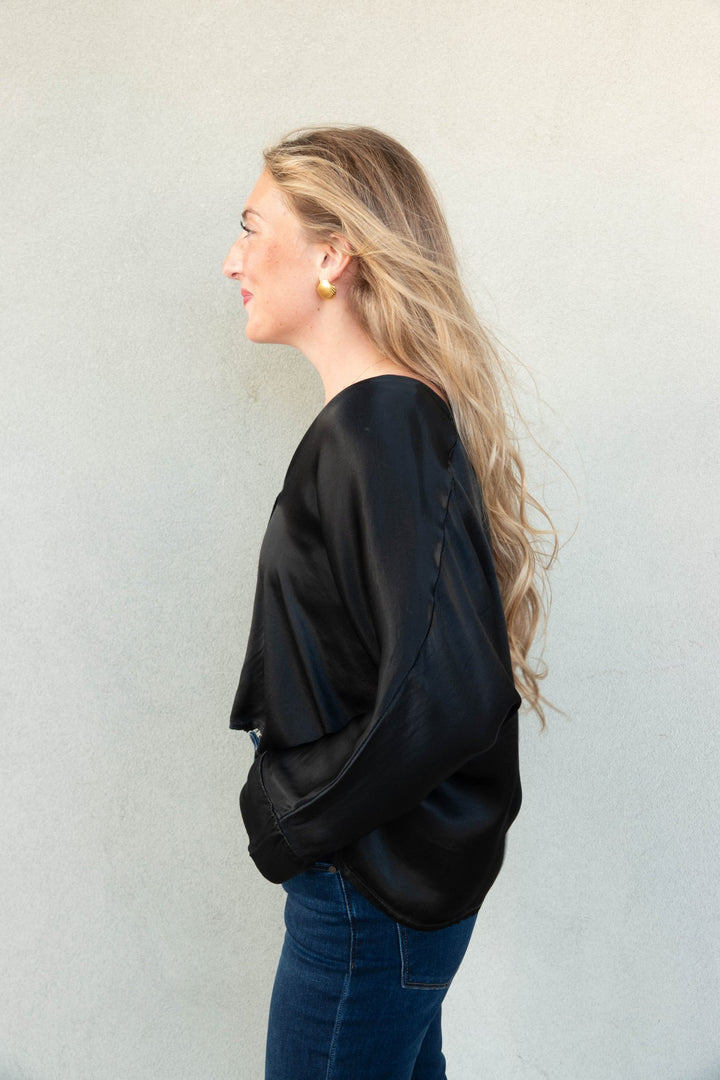 Silky Button Down Cardi Top - Black - Jaffi&