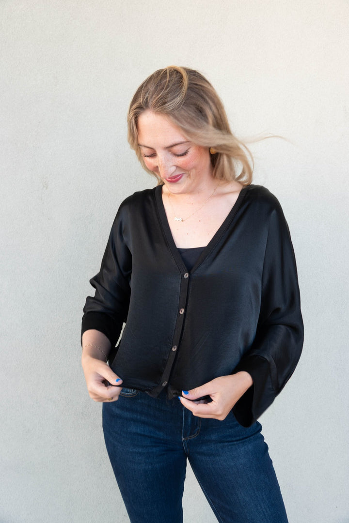 Silky Button Down Cardi Top - Black - Jaffi&