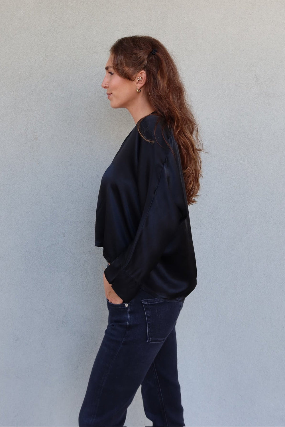 Silky Button Down Cardi Top - Black - Jaffi's