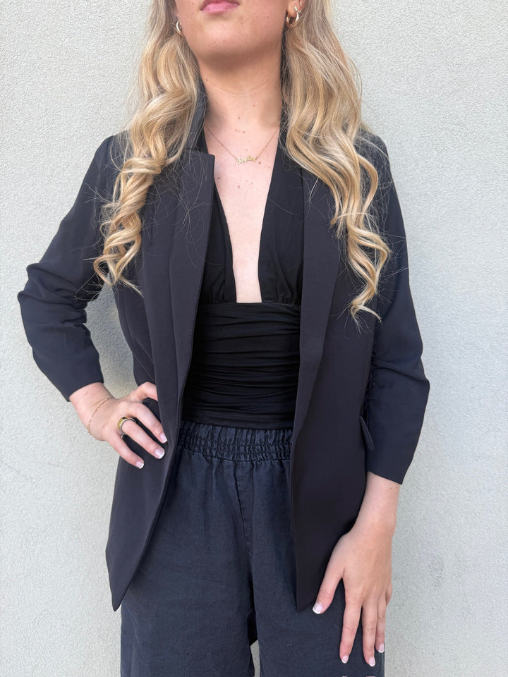Silky Scrunch Sleeve Blazer - Black - Jaffi's