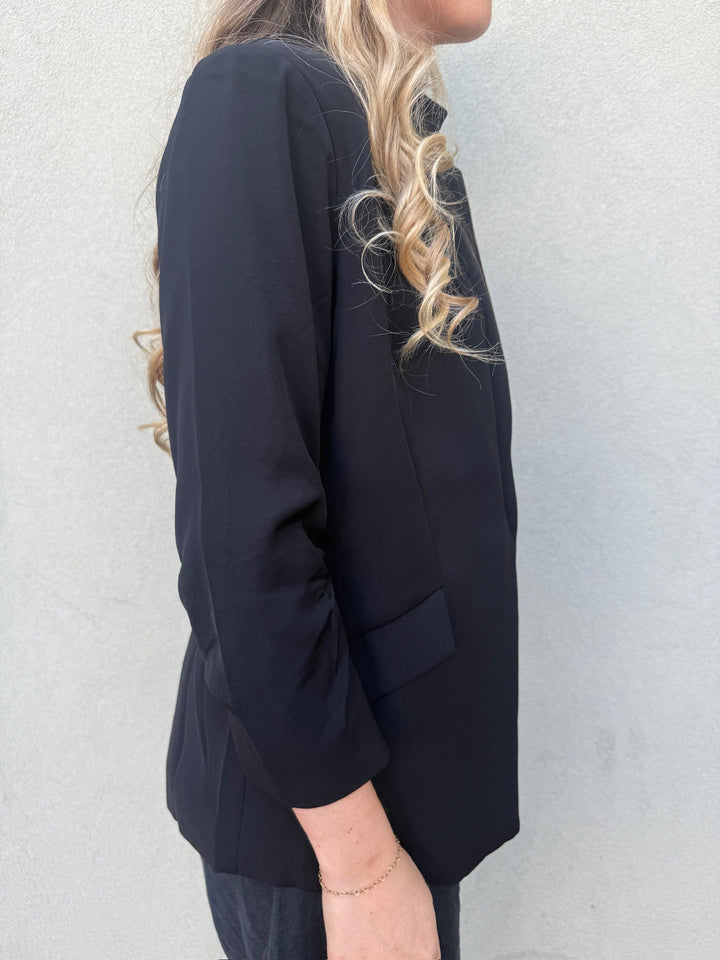 Silky Scrunch Sleeve Blazer - Black - Jaffi's