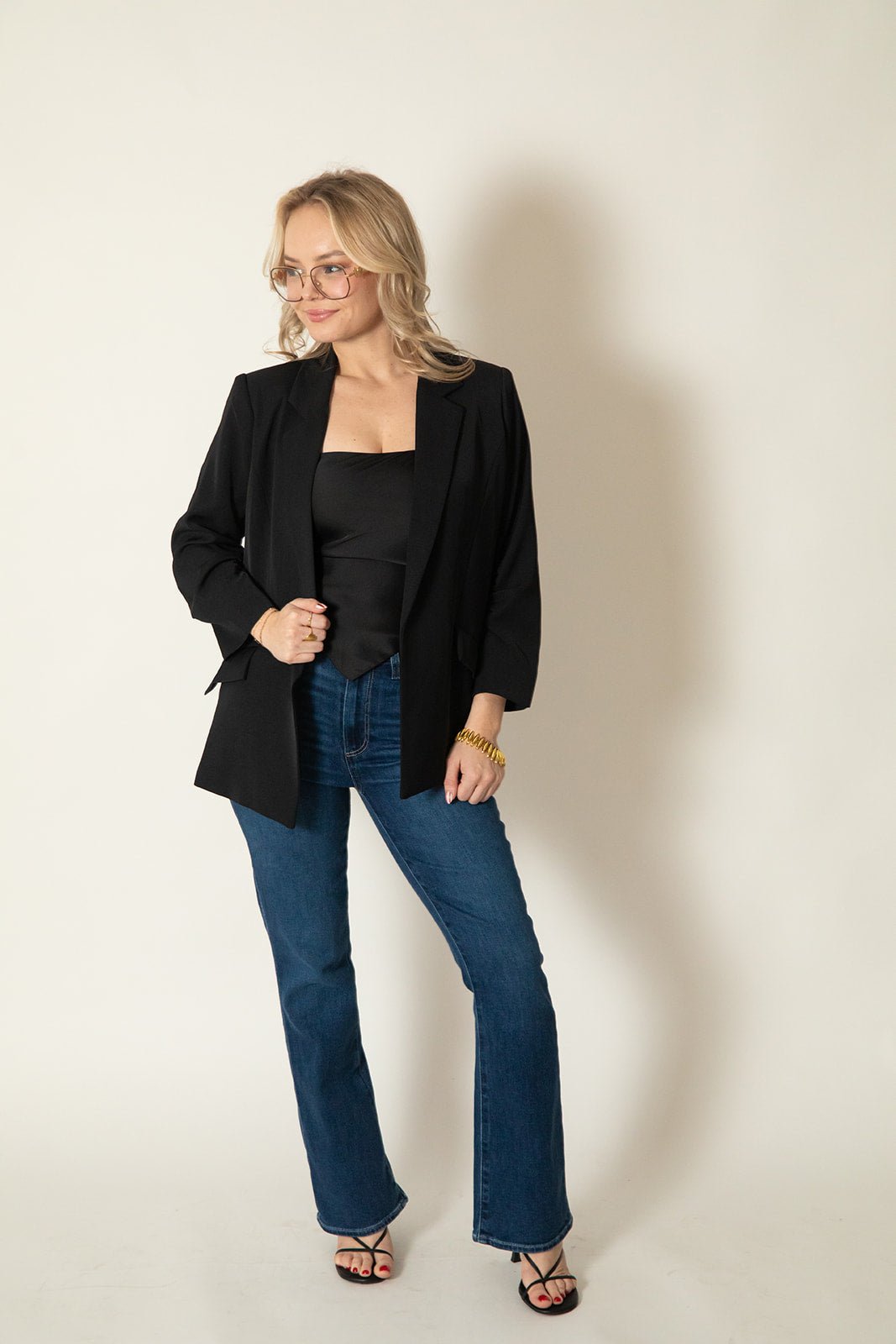 Silky Scrunch Sleeve Blazer - Black - Jaffi's
