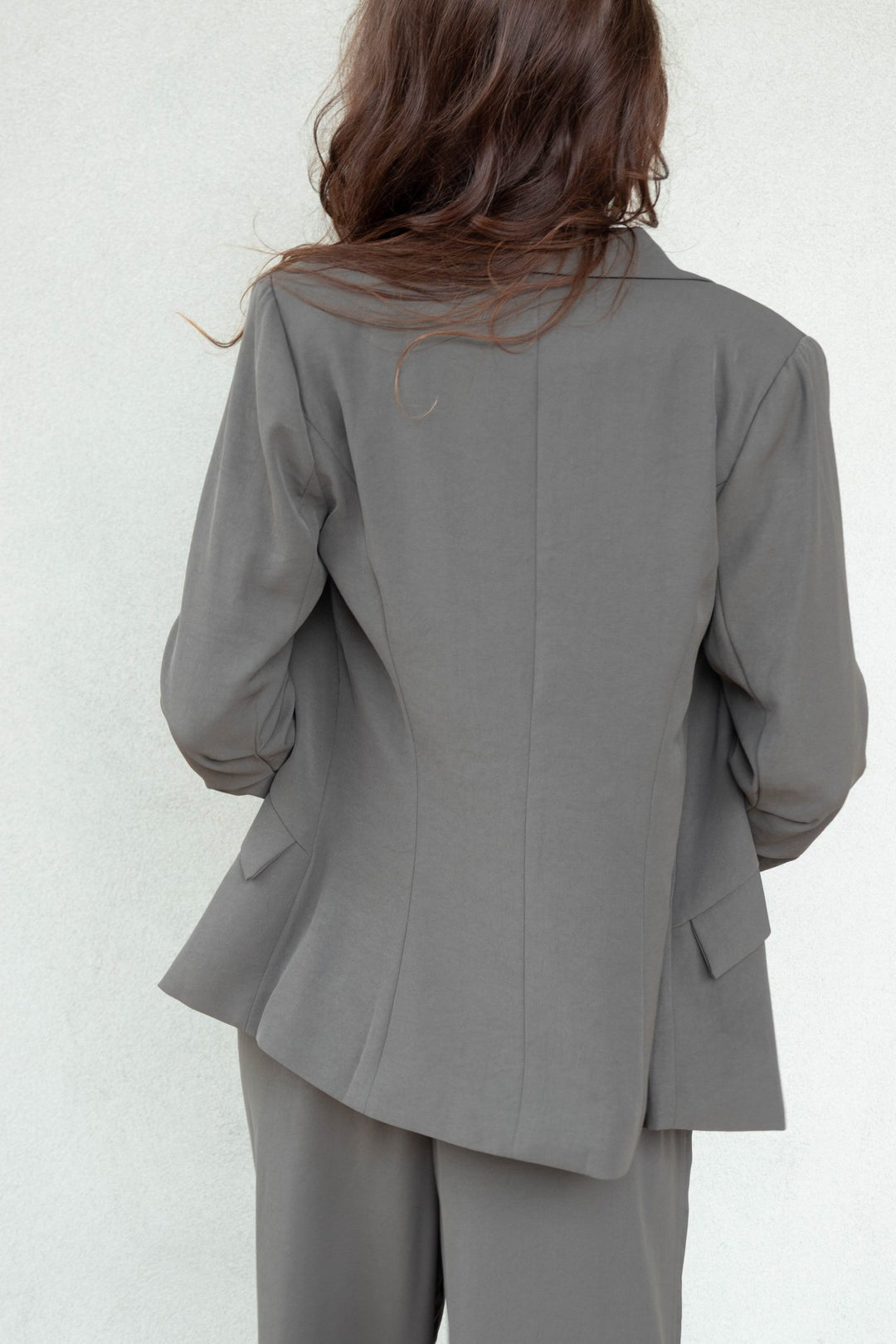 Silky Scrunch Sleeve Blazer - Dark Olive - Jaffi&