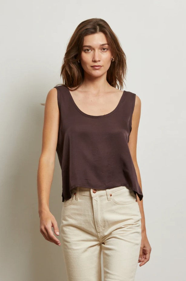 Silvie Satic Scoop Neck Tank -Cocoa