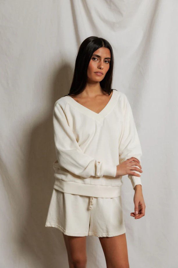 Sinead V Neck Sweatshirt - Bright Ivory - Jaffi's