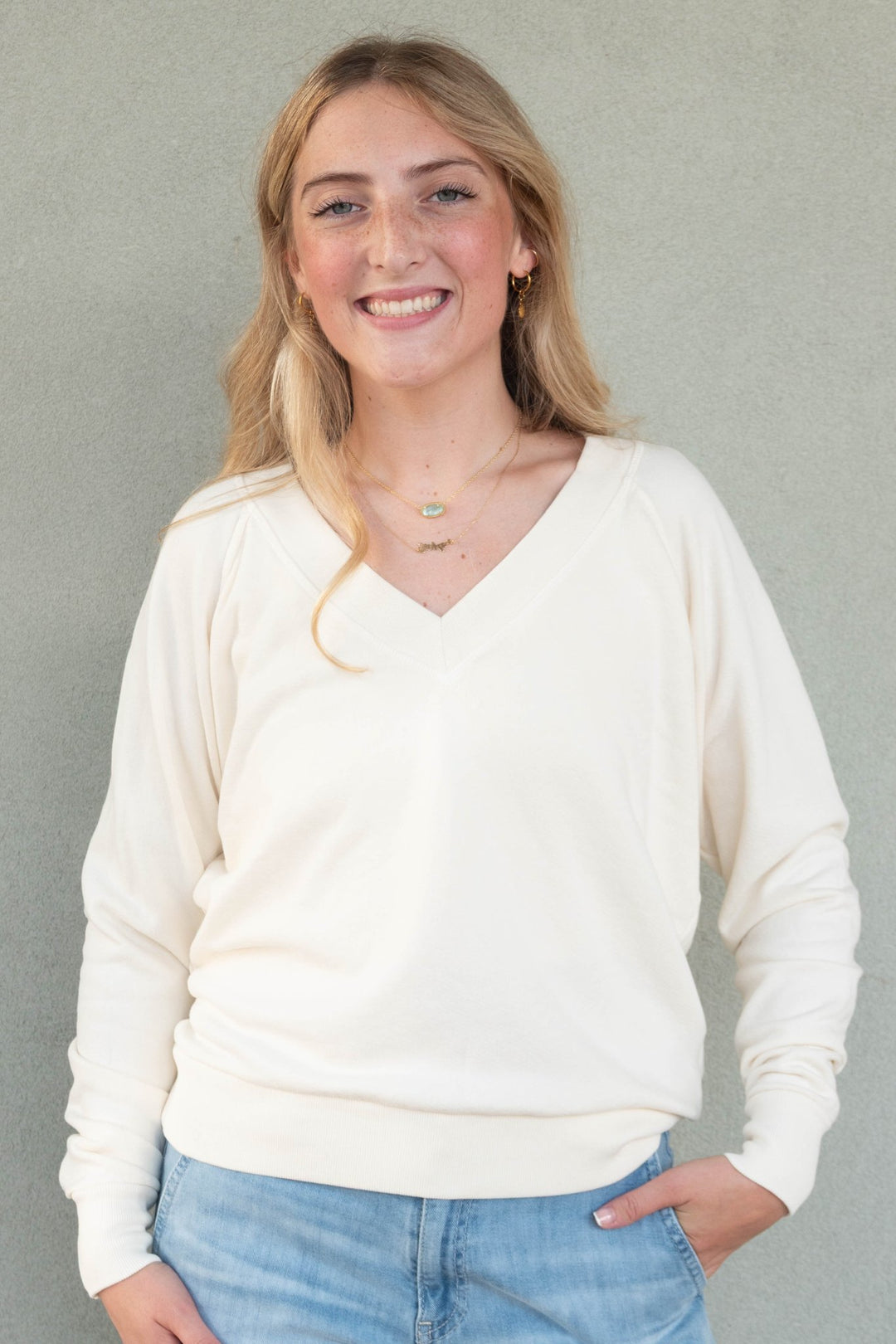 Sinead V Neck Sweatshirt - Bright Ivory - Jaffi's