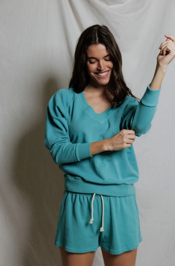 Sinead V Neck Sweatshirt - Teal Blue - Jaffi's