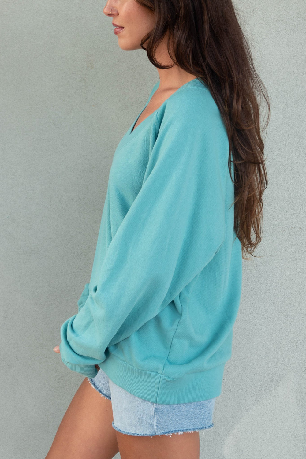 Sinead V Neck Sweatshirt - Teal Blue - Jaffi's