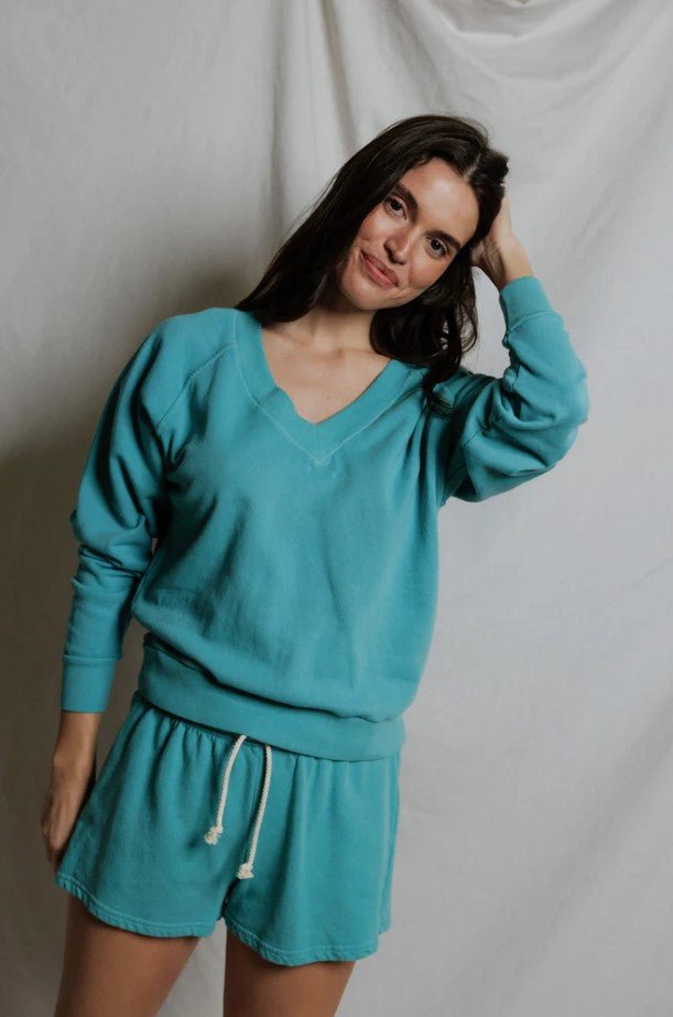Sinead V Neck Sweatshirt - Teal Blue - Jaffi's