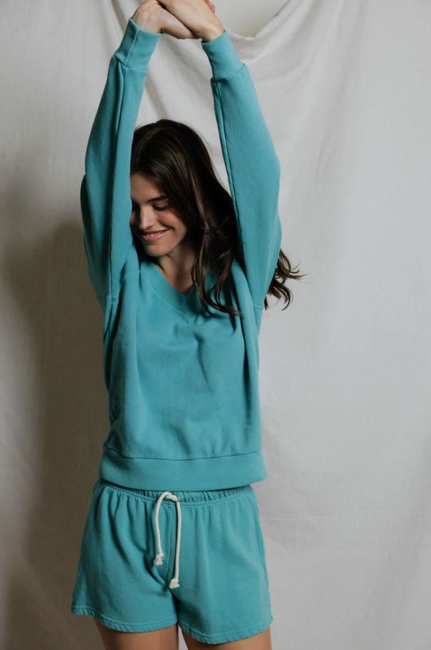 Sinead V Neck Sweatshirt - Teal Blue - Jaffi's