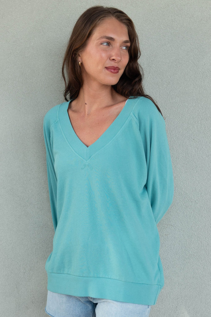 Sinead V Neck Sweatshirt - Teal Blue - Jaffi&