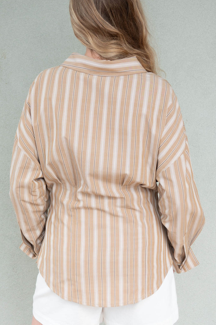Slim Fit Button Down Blouse - Tan Stripe - Jaffi&