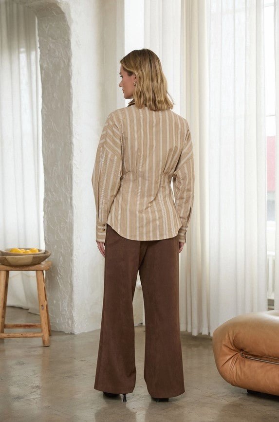 Slim Fit Button Down Blouse - Tan Stripe - Jaffi&