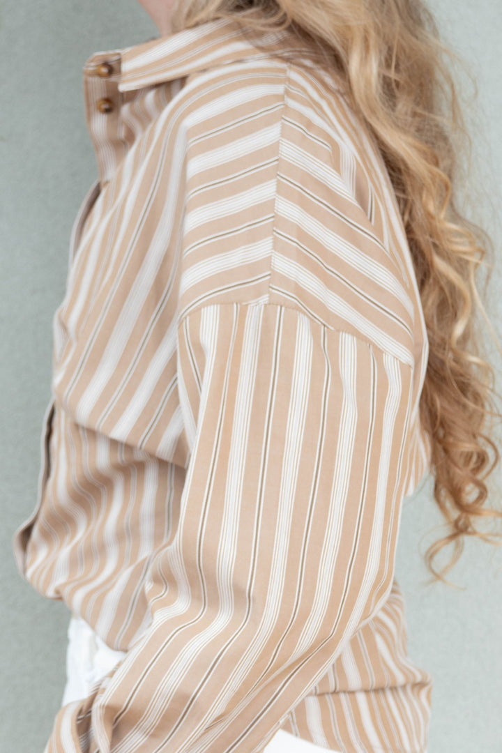 Slim Fit Button Down Blouse - Tan Stripe - Jaffi&