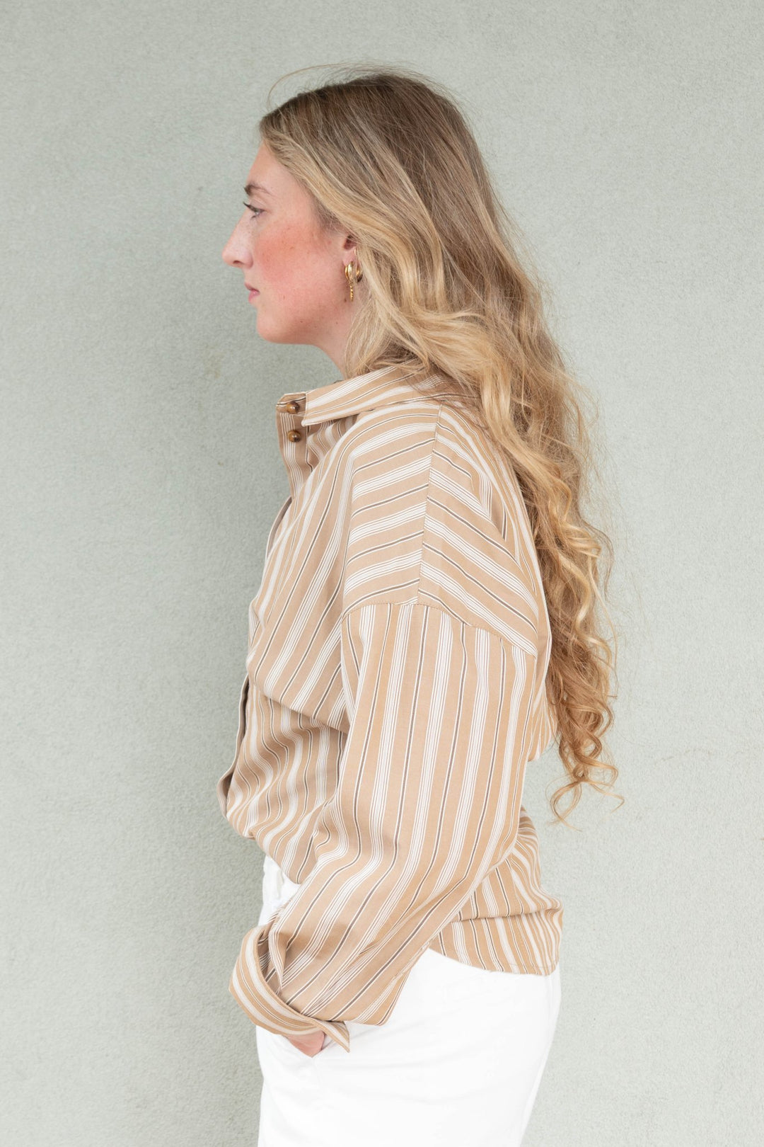 Slim Fit Button Down Blouse - Tan Stripe - Jaffi&