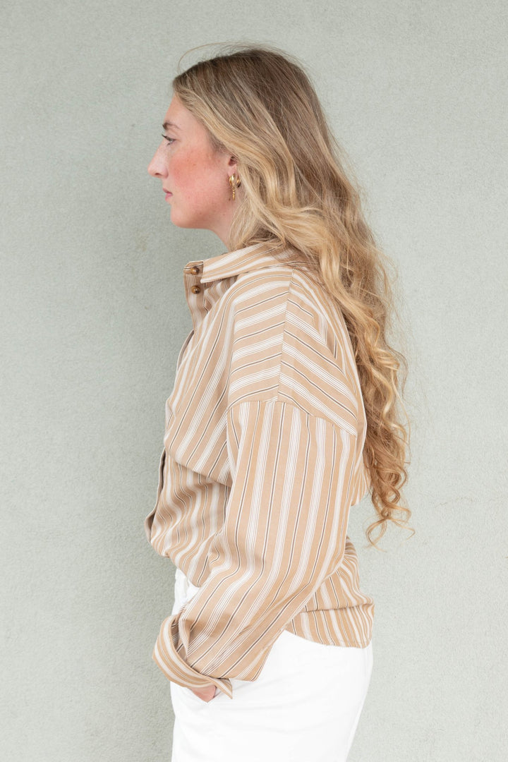 Slim Fit Button Down Blouse - Tan Stripe - Jaffi&