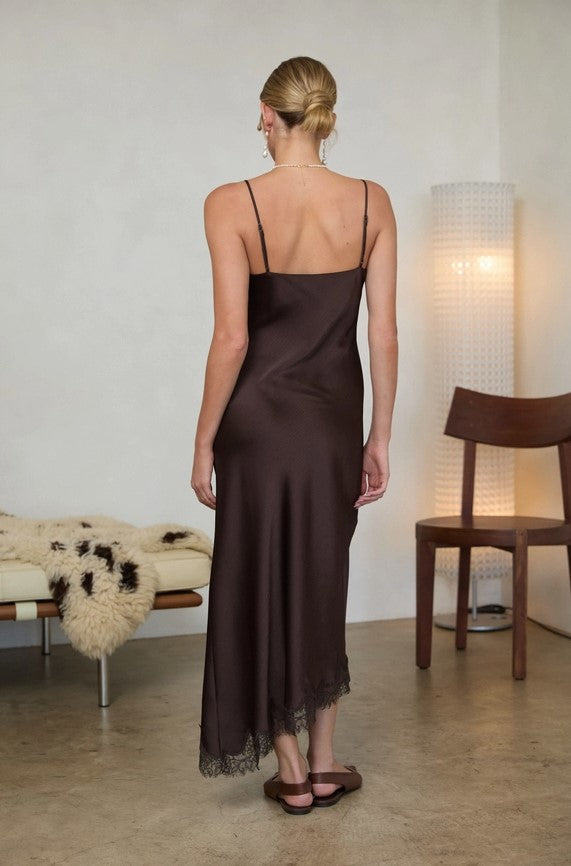 Crinkled Satin Lace Cami Dress - Brown