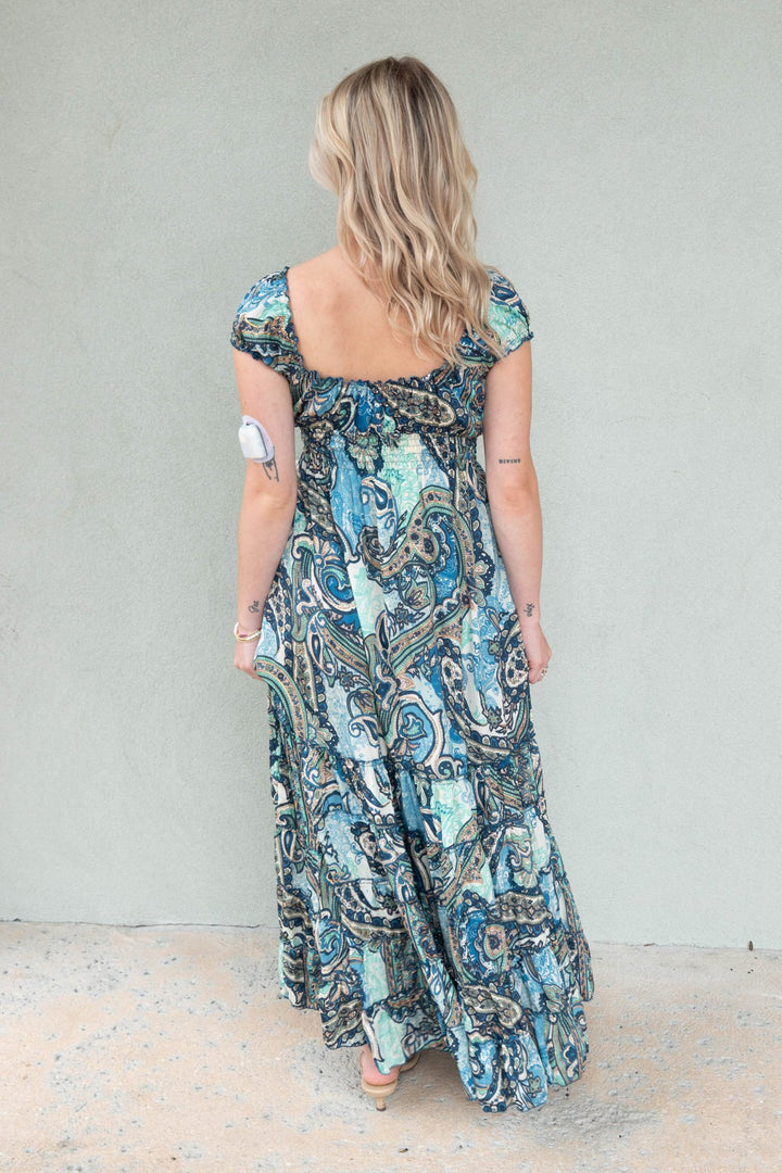 Smocked Sleeve Maxi Dress - Blue/Green Paisley - Jaffi's