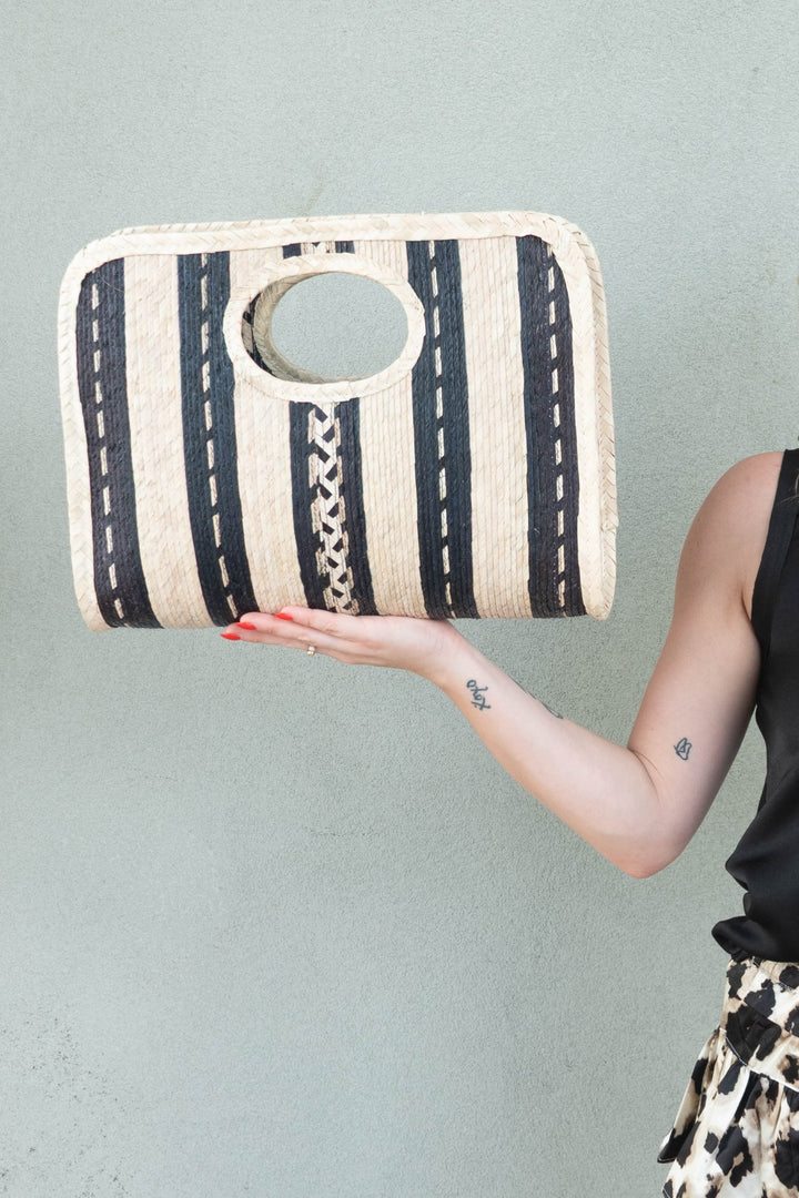 Square Straw Beach Tote - Black/Natural - Jaffi's