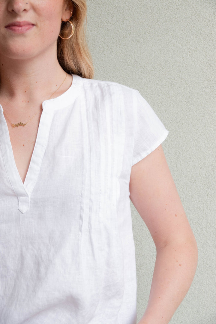 Stella Linen Pintuck Top - White - Jaffi's
