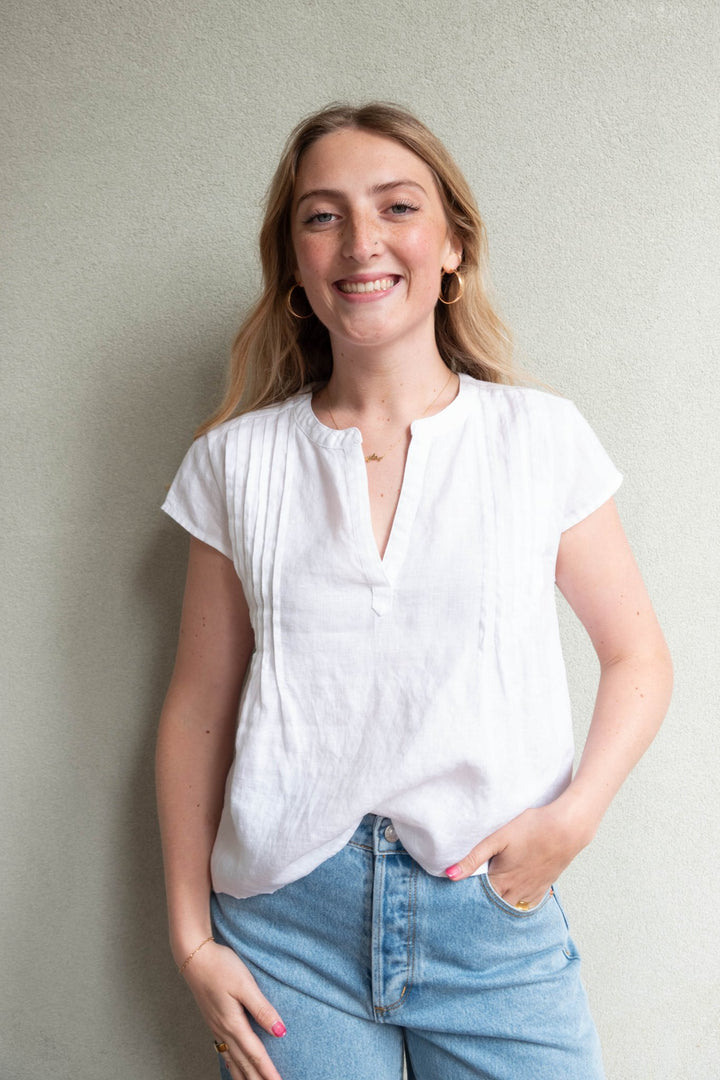 Stella Linen Pintuck Top - White - Jaffi's