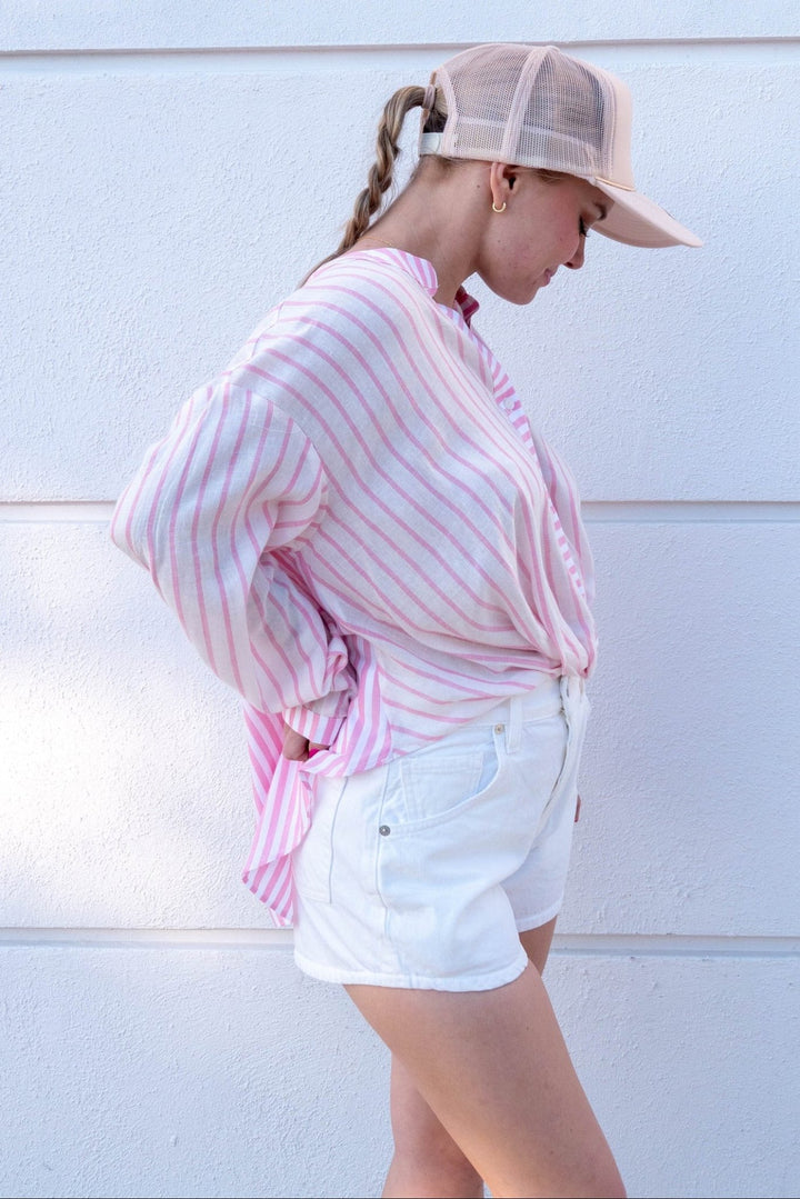 Stripe Twist Front Buttondown - Pink - Jaffi's