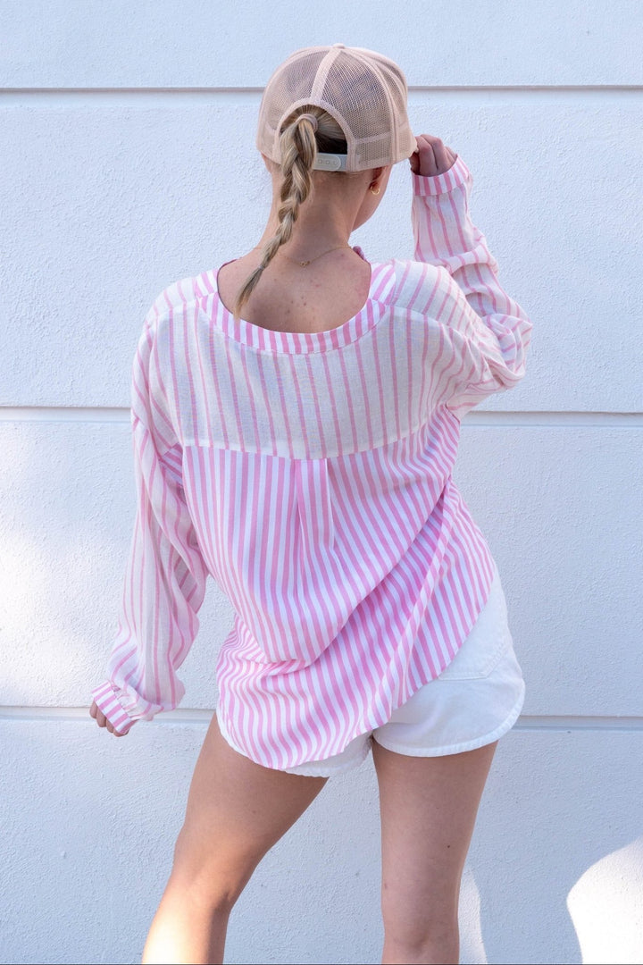 Stripe Twist Front Buttondown - Pink - Jaffi's