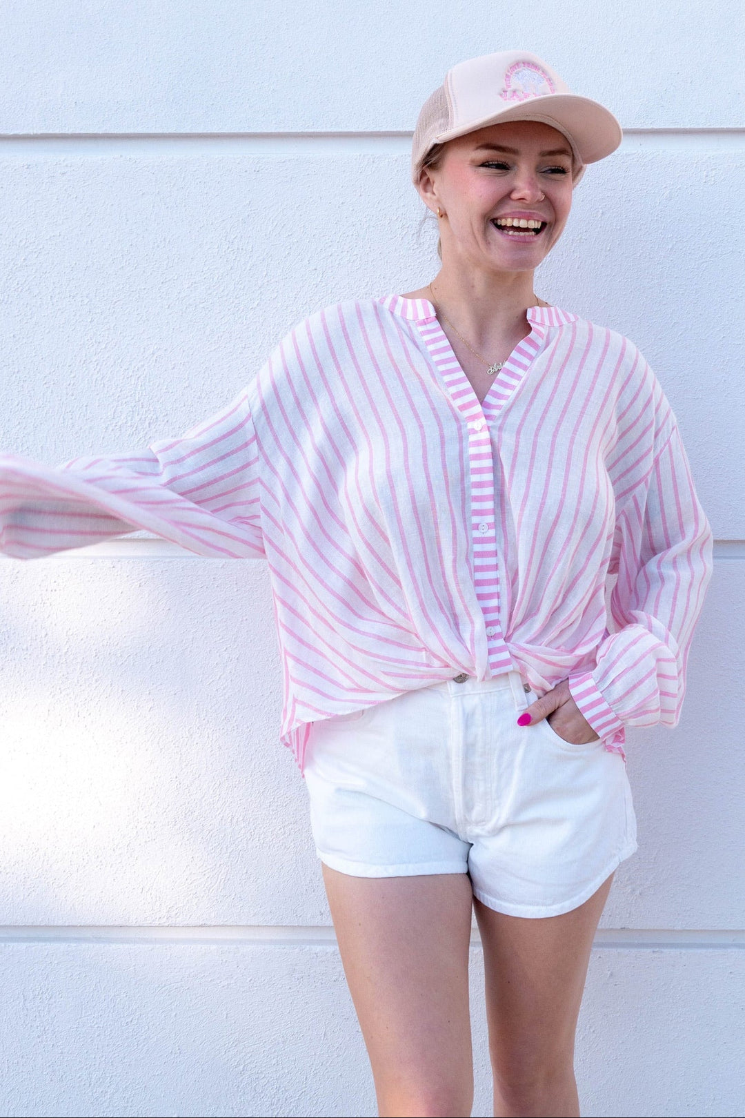 Stripe Twist Front Buttondown - Pink - Jaffi's