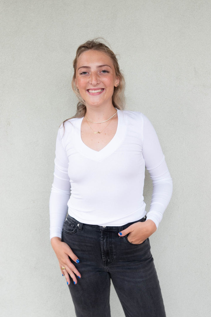 Surina Deep V Long Sleeve Tee - White - Jaffi&