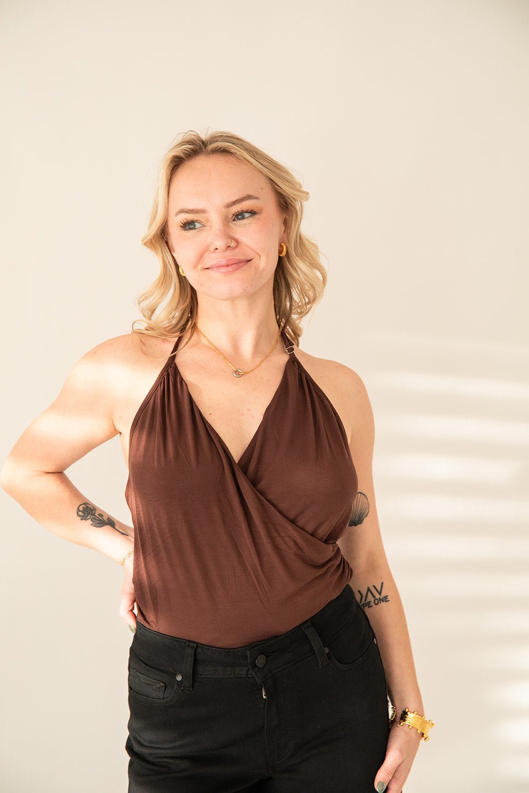 Surplice Halter Tank - Chocolate - Jaffi's