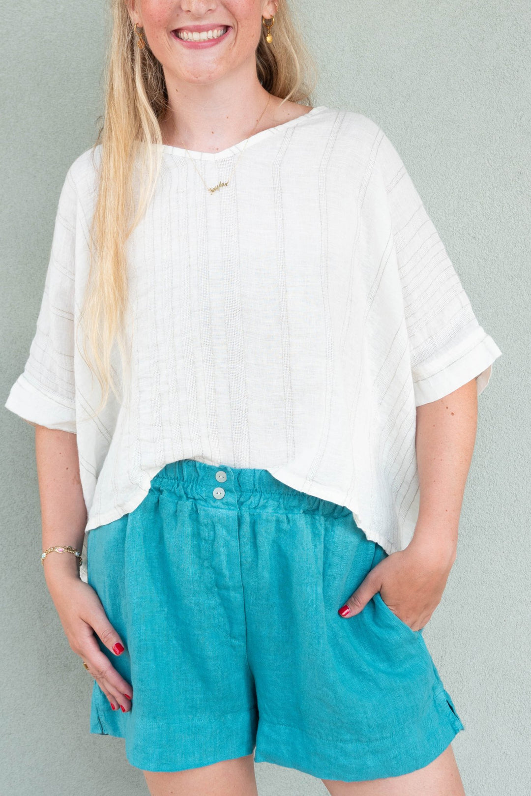 Texture Stripe V Neck Top - Butter - Jaffi&