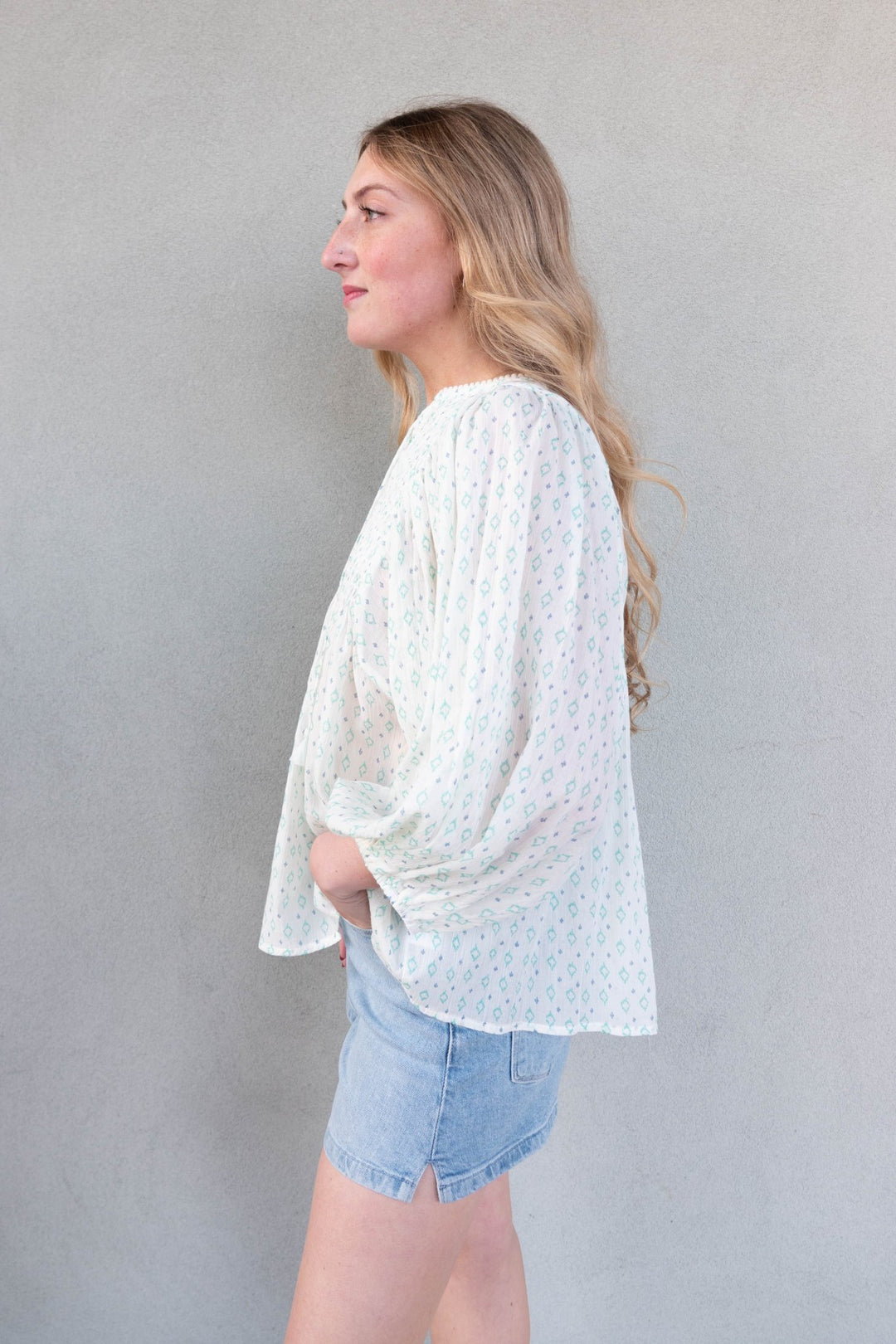 Tie Front Blouse - White Teal Blue - Jaffi's