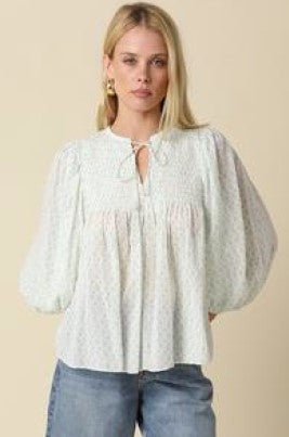 Tie Front Blouse - White Teal Blue - Jaffi's