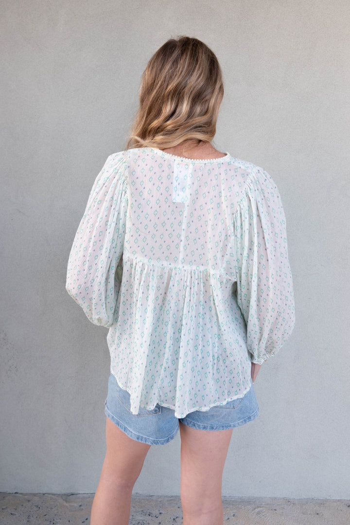 Tie Front Blouse - White Teal Blue - Jaffi's