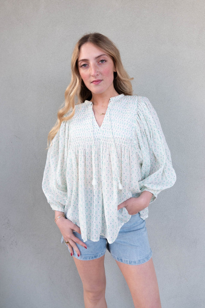 Tie Front Blouse - White Teal Blue - Jaffi's