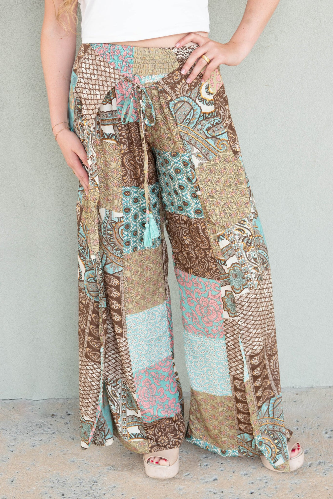 Tie Front Pant - Neutral Patchwork - Jaffi's