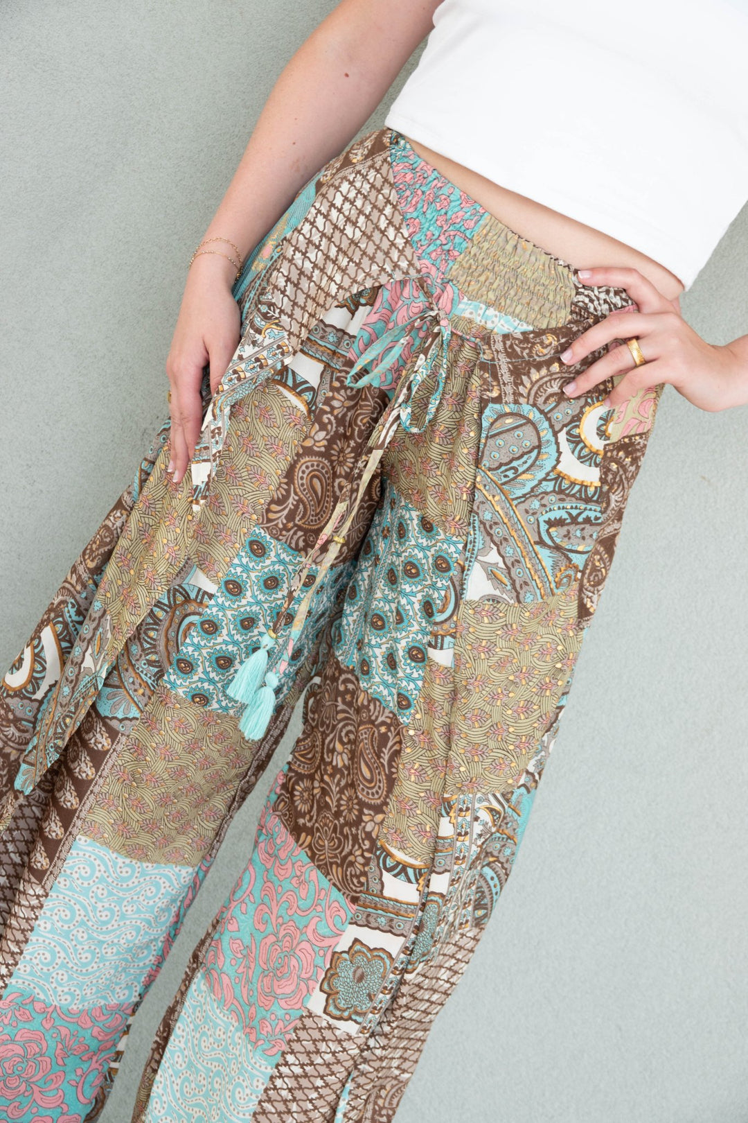 Tie Front Pant - Neutral Patchwork - Jaffi's