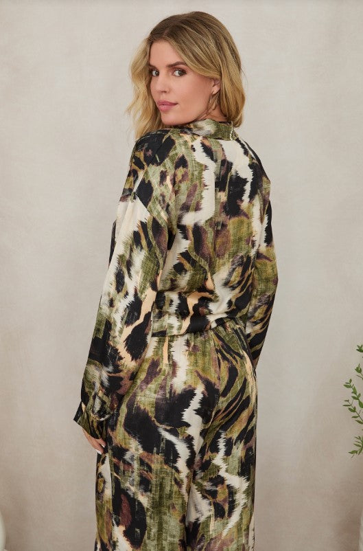 Button Down Long Sleeve Tie Top - Watercolor Green/Brown