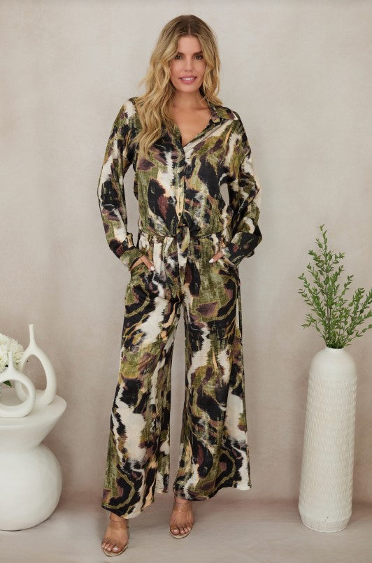 Wide Leg Pocket Pant - Watercolor Green/Brown