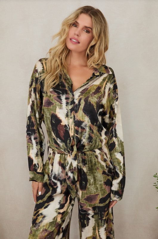 Button Down Long Sleeve Tie Top - Watercolor Green/Brown