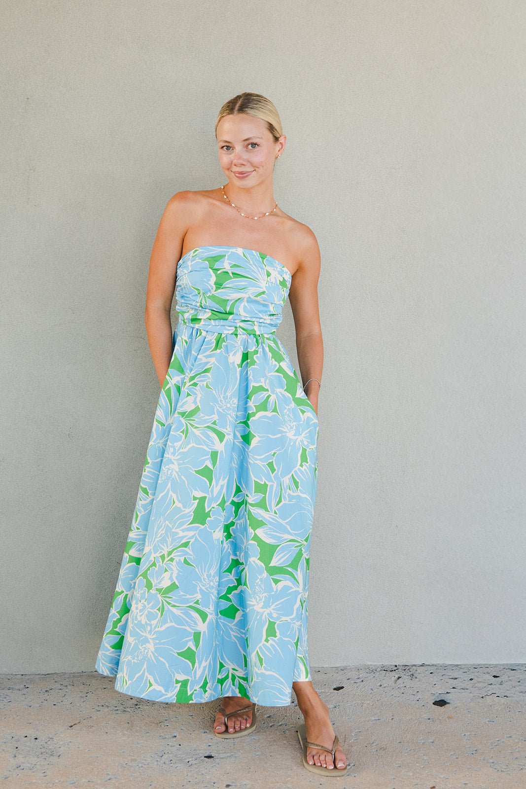 Tube Midi Dress - Green/Blue Floral - Jaffi's